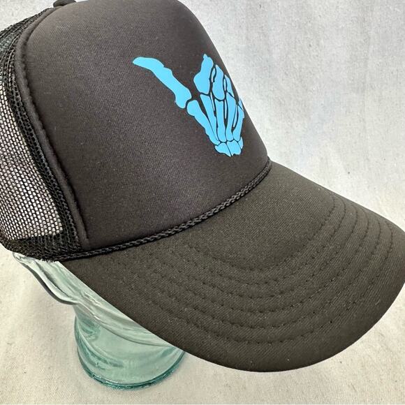 Otto black/blue skeleton hang loose Shaka graphic mesh trucker Snapback hat NWOT main image 6